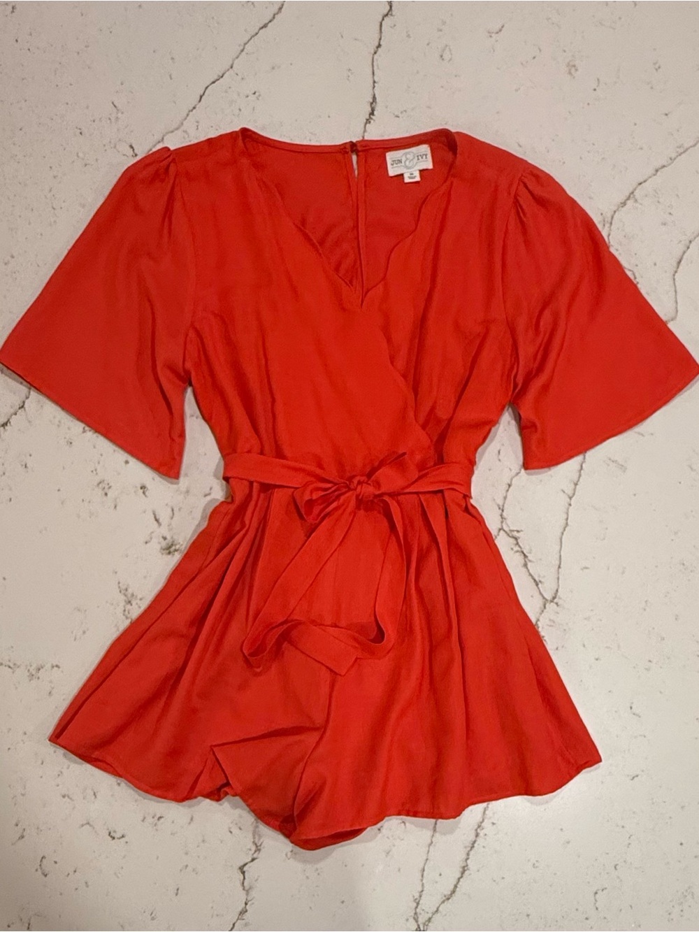Jun & Ivy Coral Orange Wrap Romper Size M Excellent Condition